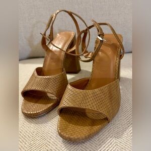 STAUD Tan Snakeskin Textured Block Heel Sandals with Ankle Strap NWOB 39